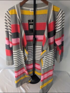 Myobe Striped Open-Front Cardigan - Pink, Gray & Yellow Women's Medium